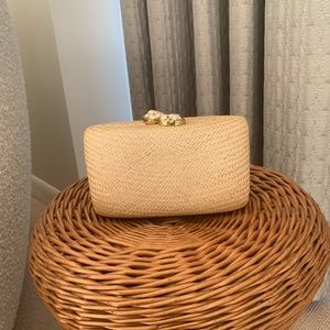 Kayu straw woven clutch, with gold chain; good condition